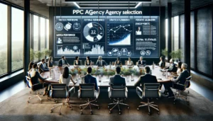 Business professionals in a modern London office discussing PPC management strategies, surrounded by digital displays of historical performance and client testimonials, reflecting a focused and strategic agency selection process.