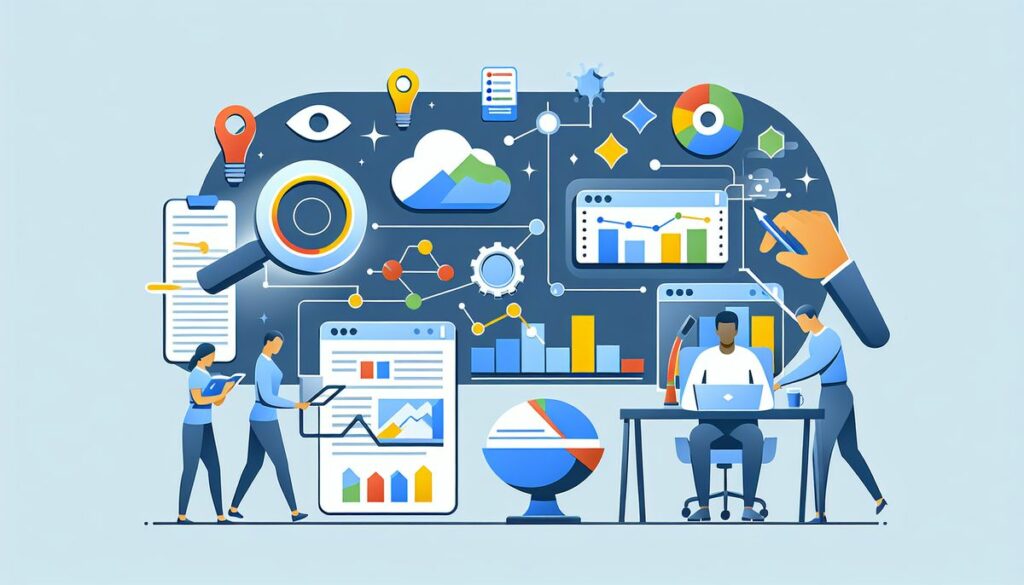 A beginner's guide to Google Analytics depicted through an illustration of marketers and analysts collaborating around a digital marketing workspace filled with charts, graphs, and analytical tools.