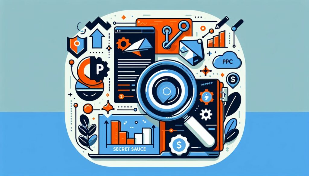 Illustration featuring PPC marketing elements, with a magnifying glass focusing on a document, alongside symbols like growth charts, digital devices, and optimization tools, alluding to the detailed and multifaceted approach required for successful PPC strategies.