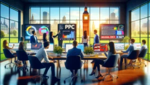 A dynamic office scene at one of the PPC marketing agencies in London, showcasing a diverse team of professionals engaged in discussion around monitors filled with PPC data, with elements of London decor like Big Ben and a London bus model visible.