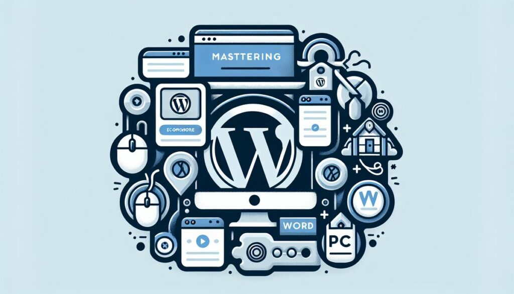 A stylized graphic with WordPress and PPC elements in shades of blue, including computers, social media icons, and search symbols, depicting the expertise required for successful PPC advertising on WordPress.