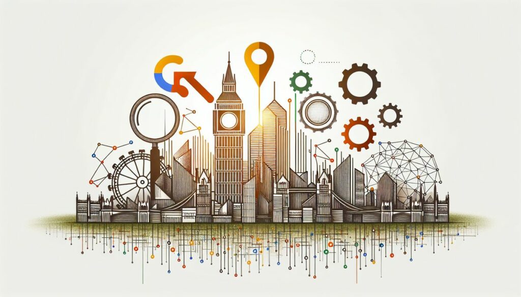 An artistic illustration of a city skyline seamlessly blended with symbols of analytics and strategy, including gears, magnifying glass, and location pin, symbolising the optimisation of Google Ads campaigns.