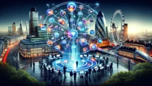 Dynamic visual representation of PPC trends in London, showcasing cross-channel marketing integration with iconic landmarks and interconnected digital marketing icons.