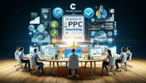 Educational visual guide depicting the basics of PPC advertising, highlighting strategies, keyword selection, budget setting, and ad design within a modern, tech-driven pay per click agency in London.
