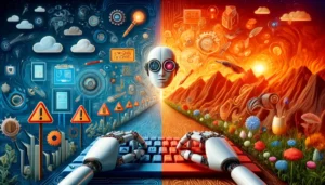 Abstract illustration contrasting the myth and reality of AI-generated content in SEO. One side shows outdated myths with robotic arms and low-quality content symbols, while the other side features modern AI blending with human creativity, highlighting the importance of quality. Can You Pay Google to Rank Higher? is a misconception addressed through the value of content, not payment for rank.