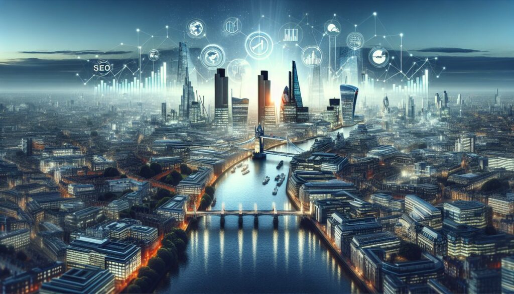A futuristic depiction of the competitive market of London with a skyline illuminated by digital and holographic business icons.