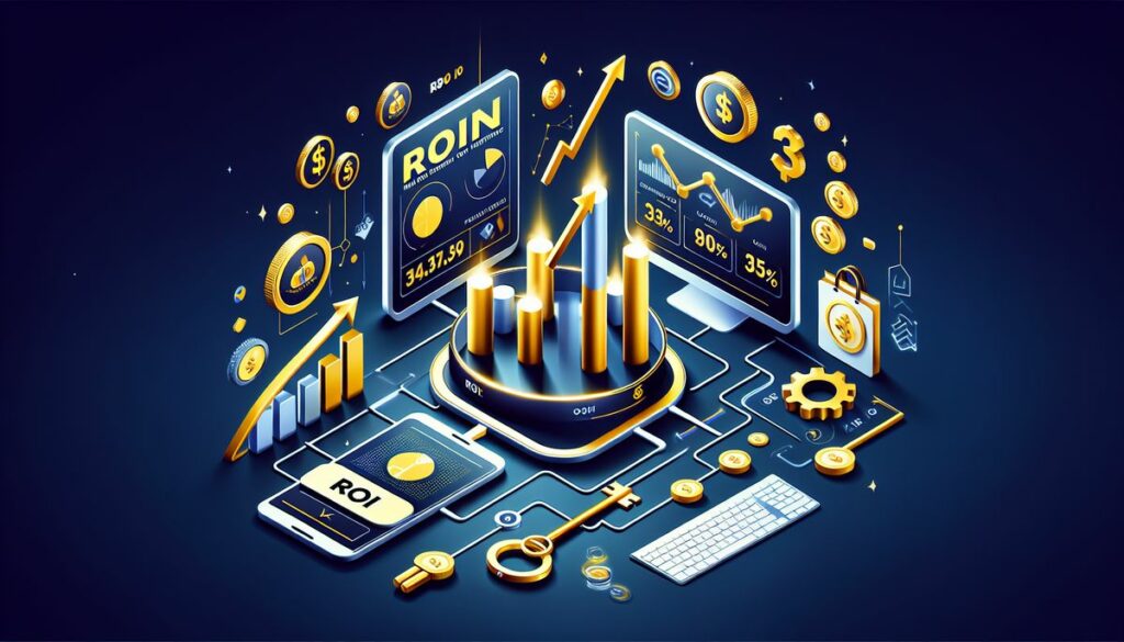 An isometric digital illustration showcases a range of financial and marketing analytics. Golden bars ascend on a graph, symbolizing growth, with one bar radiating light, indicating significant increase. The backdrop is a rich blue, with various elements such as coins, line graphs, pie charts, a key, and a smartphone displaying 'ROI' contributing to the theme of financial analysis. The aesthetic is modern and sleek, emphasizing the concept of tracking investment returns in a digital economy.