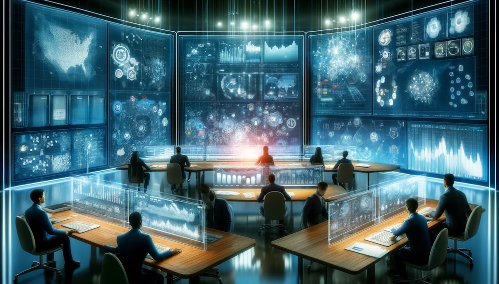 harnessing data for decisive action, depicting a futuristic command center where data streams flow into monitors,