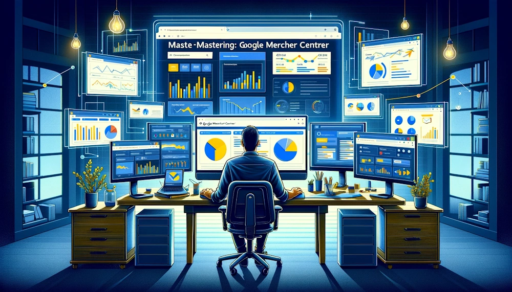 Mastering Google Merchant Center for Ecommerce Growth: This image depicts an eCommerce professional at a workstation surrounded by screens displaying the Google Merchant Center dashboard, analytics charts, and product listings, emphasizing the effective use of this tool to enhance eCommerce growth.