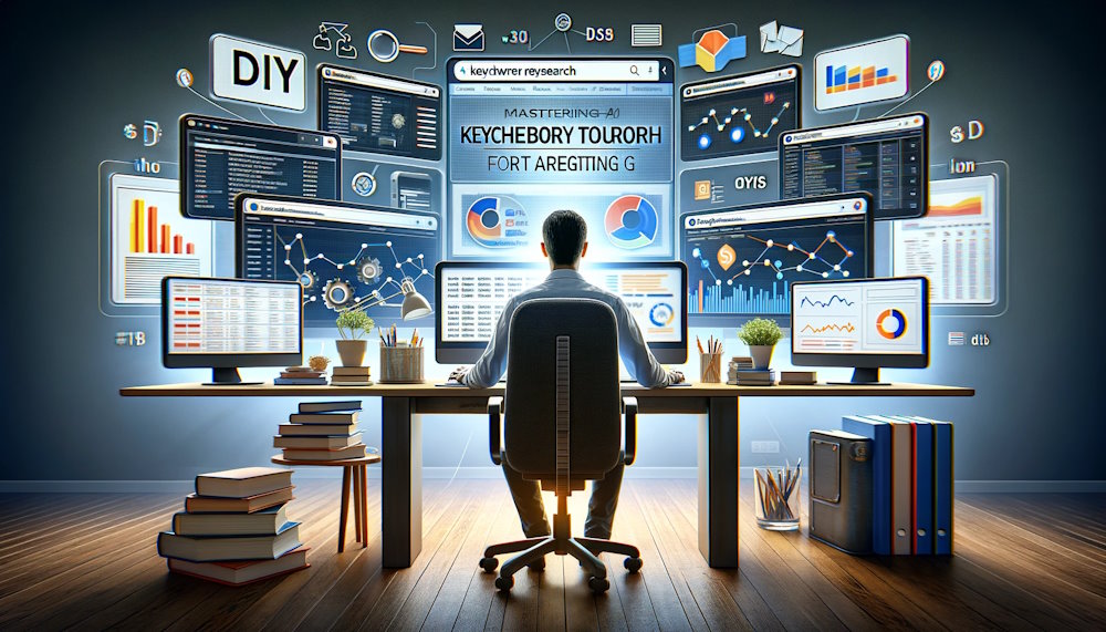 DIY Keyword Research Setup: Depicting an individual at a home office desk surrounded by screens showing search engine results, keyword statistics, and trends graphs, emphasizing the DIY aspect of keyword research with a meticulous and analytical approach.