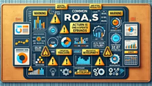 Digital marketing dashboard displaying ROAS FAQs with common mistakes highlighted, including charts, graphs, warning icons, and additional cost elements.