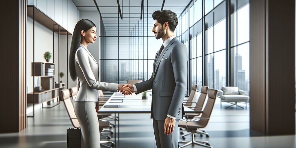 Two professionals in business attire shaking hands in a modern conference room with large windows and a city view.