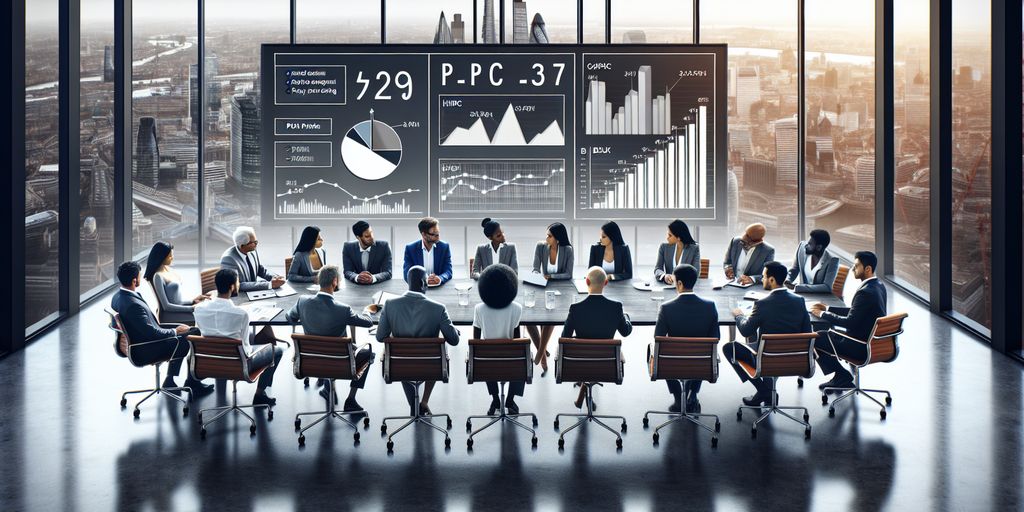 A large group of business professionals sitting around a conference table in a modern office with floor-to-ceiling windows. They are engaged in a meeting, analyzing data displayed on large screens showing PPC campaign metrics, graphs, and charts.