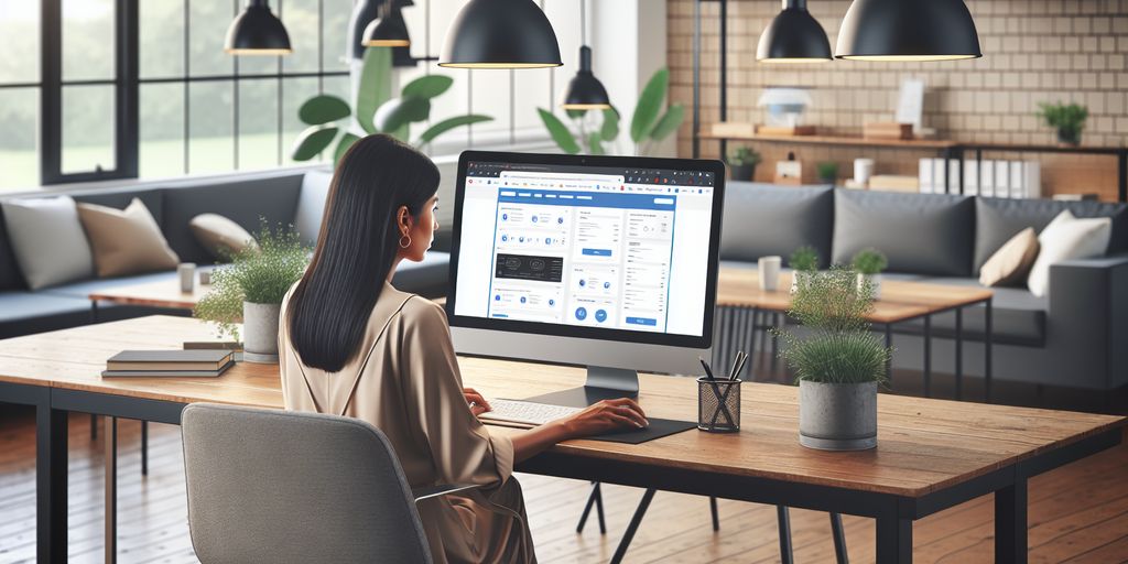 A woman working on Google Ads campaign analytics on her computer in a modern office, representing a Google Ads agency for small businesses in the UK.