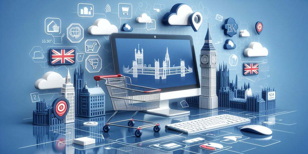 e-commerce shopping online UK, digital marketing strategy, PPC advertising, computer and shopping cart, London skyline