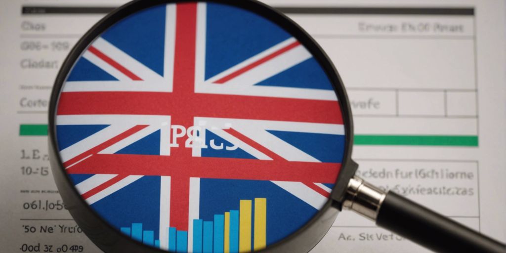 Mastering PPC Audits in the UK, with a magnifying glass focusing on the Union Jack flag and bar graphs in the background representing data analysis.