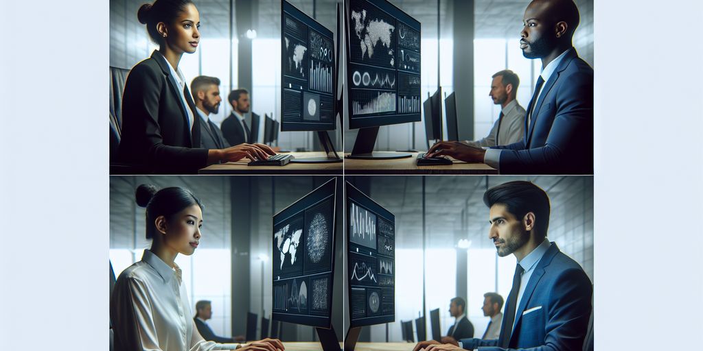 business professionals analyzing data on computer screens in modern office