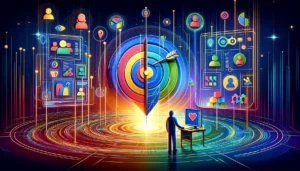 A digital illustration showcasing the role of a Google Ads agency in mastering audience targeting. The image features a vibrant target surrounded by data streams and demographic icons, with a Google Ads expert adjusting settings on a digital interface.