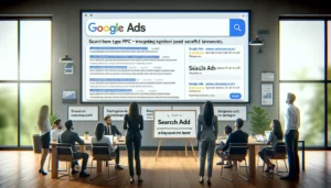 A search engine results page on a large screen in an office setting, displaying text ads at the top triggered by specific keywords, illustrating Search Ads.