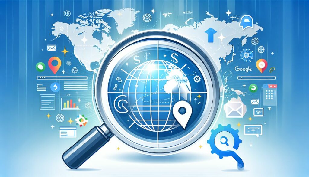 A digital illustration emphasizing the role of a Google Ads agency in global search engine optimization. It features a magnifying glass focusing on a globe with various symbols of digital marketing and analytics tools around it, including Google services and location markers.
