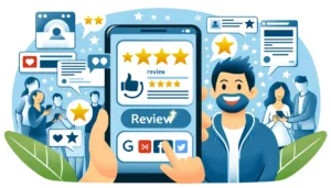 Illustration of a happy customer leaving a review on a mobile device, surrounded by stars and thumbs-up icons, with a Google Adwords PPC campaign driving traffic to a review page. Other customers engaging with social media platforms are in the background.