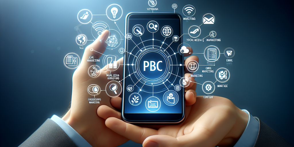 Mobile PPC advertising features on a smartphone screen held by hands, surrounded by digital marketing icons.