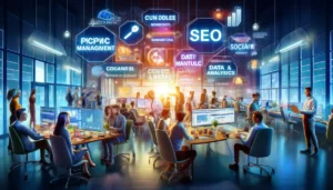 A dynamic office environment showcasing key digital marketing services including PPC management, SEO, content marketing, data & analytics, and paid social, representing certified Google Advertising Agencies UK.