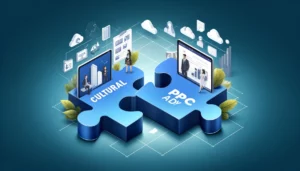 An illustration showing the role of a Google Ads agency in achieving cultural fit with a business, depicted as two interlocking puzzle pieces. One piece represents the business with corporate elements, and the other showcases the agency with digital marketing icons.
