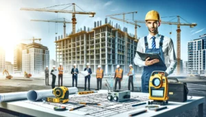 Google Ads Case Study - A team of surveyors at a construction site with cranes and a modern high-rise building in the background.