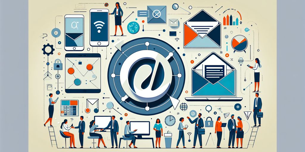 Illustration of diverse professionals engaged in email marketing activities, showcasing various digital communication tools.