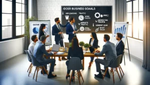 A business team in a modern office setting having a meeting to identify their business goals, discussing increasing website traffic, generating leads, and boosting sales, illustrating the importance of identifying business goals before engaging a PPC ad agency.
