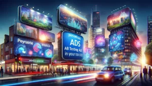 A dynamic digital advertising scene in the United Kingdom showcasing a busy cityscape with billboards and digital ads, highlighting advanced Google Ads strategies through visuals of personalised ads, A/B testing charts, and dynamic ad features.
