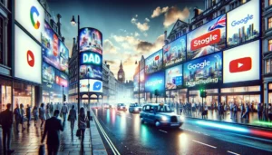 Google Ads ROI for UK Brands, showcasing a busy London street with vibrant digital billboards displaying various Google Ads, capturing the essence of modern digital marketing.