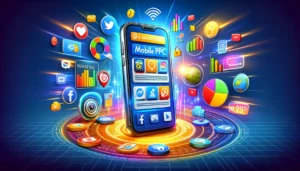 Mobile PPC advertising illustration showing a smartphone with ads, surrounded by social media, search engine, and app icons, with digital marketing graphs and charts in the background.
