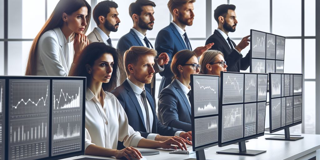 A group of business professionals in a modern office, intently focused on multiple computer monitors displaying various financial and analytical charts and data.