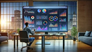 Digital marketer in a modern office using a large screen displaying real-time data analytics for Google Ads campaigns, with various graphs and metrics, symbolizing strategies from Google Ads agencies.