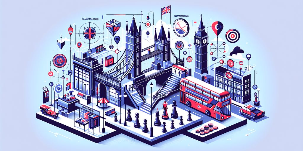 Google Ads ROI for UK Brands, featuring a stylized illustration of iconic London landmarks with various digital marketing symbols and elements.