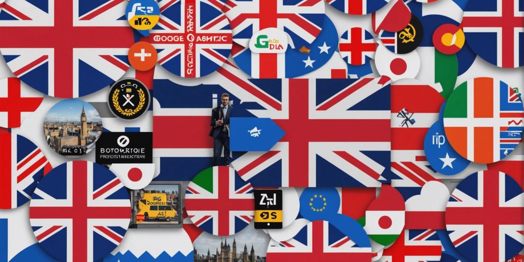 Collage of top UK Google Ads agency logos with UK flag and digital marketing icons in the background.