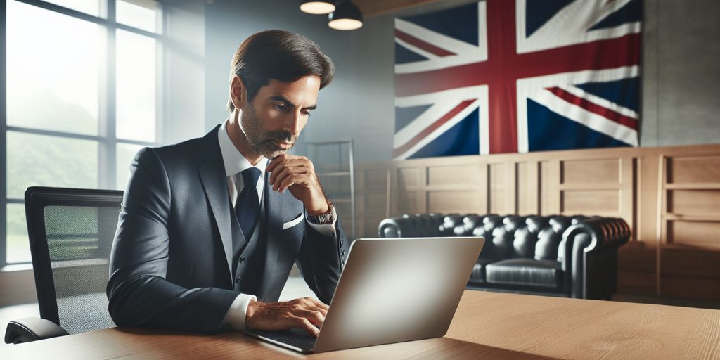 A professional man in a suit working on a laptop in a modern office with a large Union Jack flag displayed on the wall behind him.