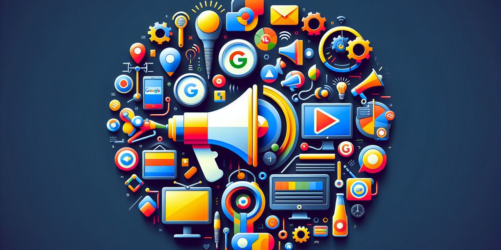 A vibrant illustration of various digital marketing elements, including a megaphone, Google logos, and icons representing social media, email, video, and SEO, arranged in a circular pattern.