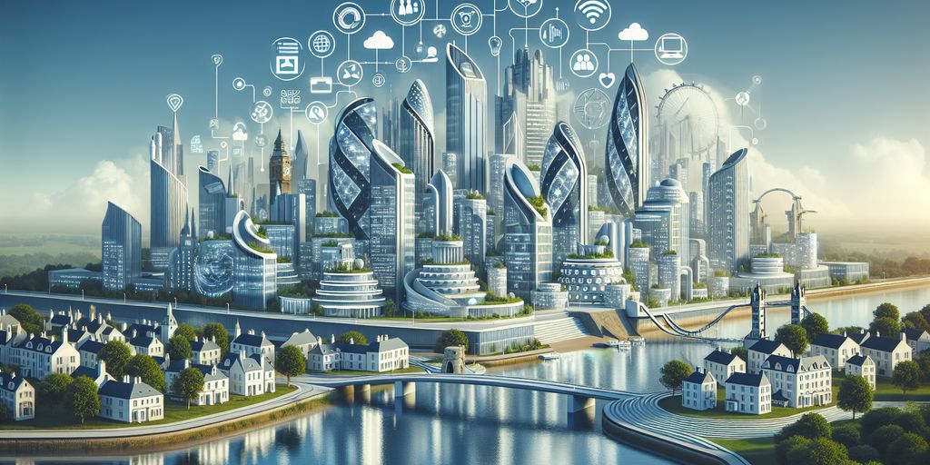 futuristic cityscape with digital marketing icons and UK landmarks