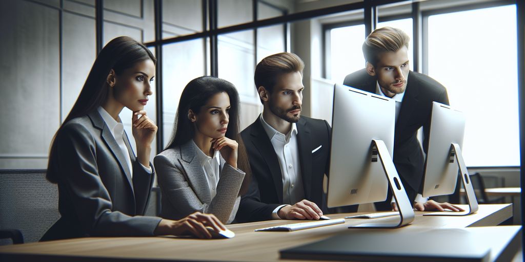 business professionals analyzing data on computer screens in modern office