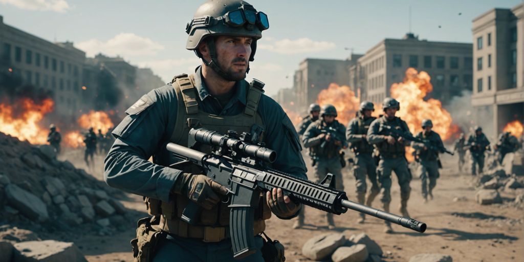 A soldier in tactical gear holding a rifle, standing in a war-torn urban environment with buildings and explosions in the background. A group of soldiers is advancing behind him.