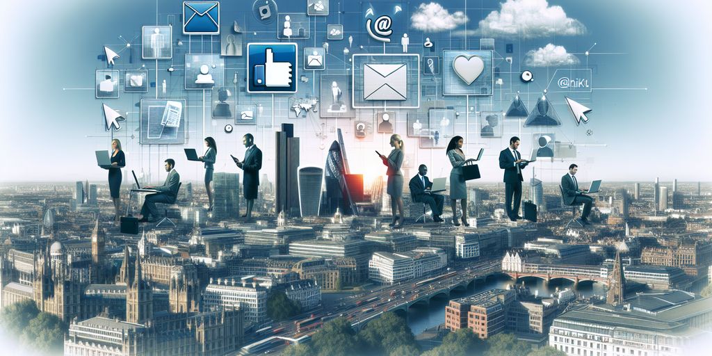 Aerial view of a cityscape with business professionals standing on various buildings, using laptops and tablets. Above them are floating icons representing email, social media, and other digital communication tools.