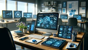 Workspace with automation tools displayed on various devices, helping to prevent wasted ad spend