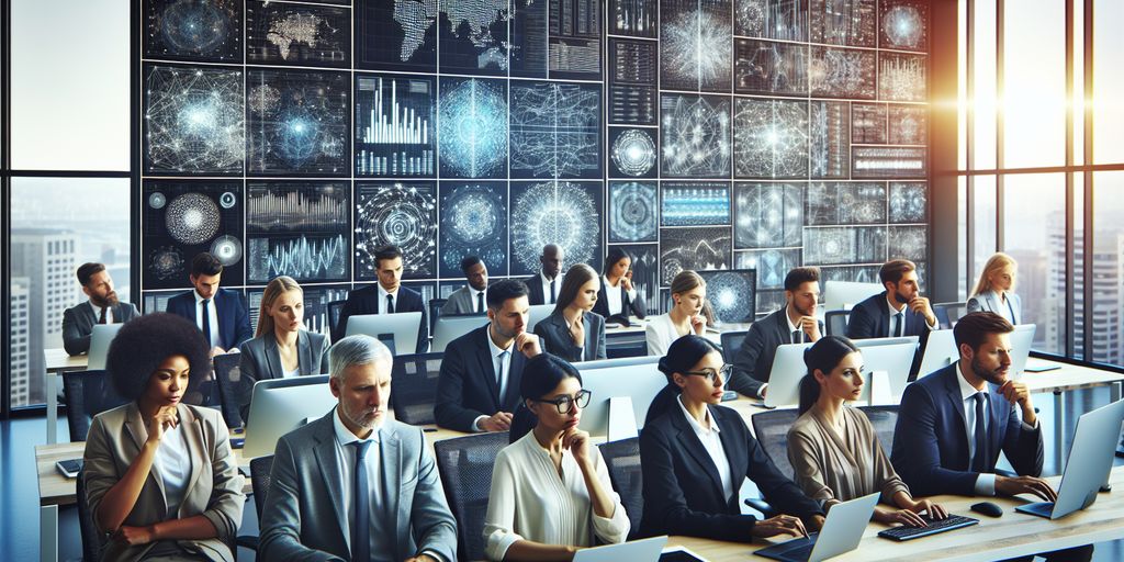 A diverse team of digital marketers in a modern office working on laptops, with large screens in the background displaying complex data visualizations, representing the collaborative environment of a Google Ads PPC Agency.