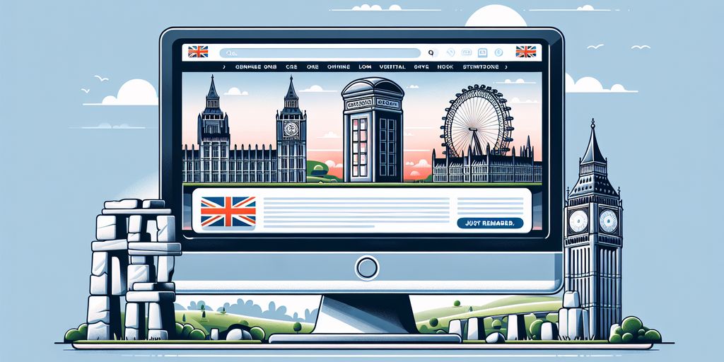 An illustration of a computer screen displaying a UK-themed webpage with landmarks such as Big Ben, the London Eye, and traditional red telephone boxes. The screen is surrounded by iconic elements like Stonehenge, with a Union Jack flag visible on the webpage.