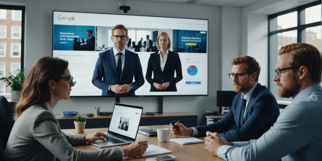 Business meeting with professionals discussing a presentation on a screen, highlighting Expert Voices.