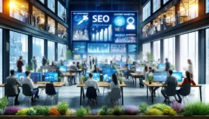 A modern digital marketing office where diverse professionals are working on SEO, content marketing, social media, and PPC advertising. Large screens display analytics in a vibrant, collaborative workspace, reflecting comprehensive digital expertise in managing online advertising.