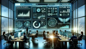 Professionals using predictive analytics for measuring ROI in a futuristic office with advanced data visualizations and machine learning models.